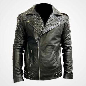 Men?s Black Studded Cowhide Leather Motorcycle Jacket