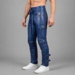 Men's Blue Cowhide Leather Cargo Pants Handmade Biker Gothic Style - Image 2