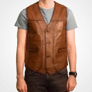 Men?s Brown Lambskin Leather Button Vest
