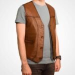 Men’s Brown Lambskin Leather Button Vest - Image 2