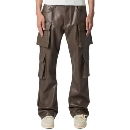 Men’s Brown Leather Cargo Trousers with Four Flap Pockets