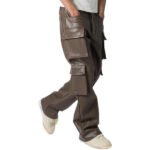 Men’s Brown Leather Cargo Trousers with Four Flap Pockets - Image 4