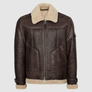 Brown Shearling Collar Aviator Leather Jacket
