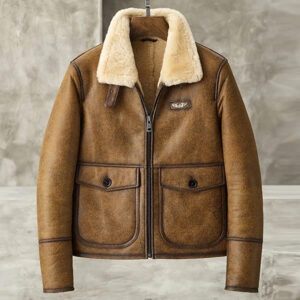 Men's Brown Shearling Lapel Jacket - Short Style B3 Bomber Coat