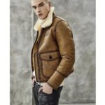 Men's Brown Shearling Lapel Jacket - Short Style B3 Bomber Coat - Image 3