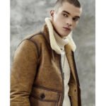 Men's Brown Shearling Lapel Jacket - Short Style B3 Bomber Coat - Image 4