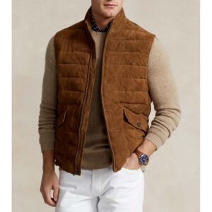 Men?s Brown Suede Leather Quilted Puffer Vest
