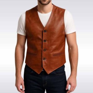 Men?s Brown Vintage Leather Vest Western Style Waistcoat