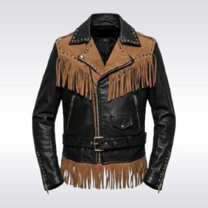 Men?s Brown and Black Fringe Leather Biker Jacket
