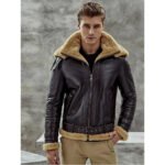 Men's Dark Brown B3 Bomber Shearling Jacket with Double Collar - Image 4