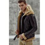Men's Dark Brown B3 Bomber Shearling Jacket with Double Collar - Image 3