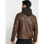 Men's Hooded Brown Leather Jacket - Image 3