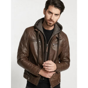 Men's Hooded Brown Leather Jacket