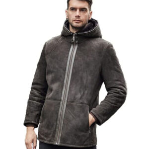 Men's Hooded Suede Mid-Length Sheepskin Coat