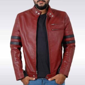 Men?s Maroon Leather Biker Jacket with Navy Stripes