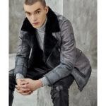 Men's Metallic Gray B3 Shearling Bomber Jacket - Genuine Leather Coat - Image 4