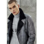 Men's Metallic Gray B3 Shearling Bomber Jacket - Genuine Leather Coat - Image 5