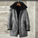 Men's Metallic Gray Shearling B7 Bomber Long Coat