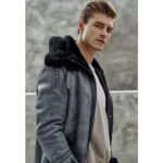 Men's Metallic Gray Shearling B7 Bomber Long Coat - Image 4