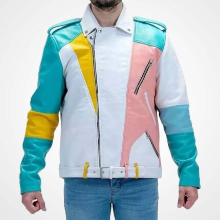 Men's Multi-Color Pastel Moto Biker Jacket in Genuine Leather