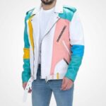 Men's Multi-Color Pastel Moto Biker Jacket in Genuine Leather - Image 2
