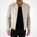 Men's Off-White Leather Moto Jacket with Stand Collar - Image 3