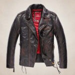 Men’s Pilot Style Biker Leather Jacket with Red Lining