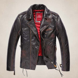 Men?s Pilot Style Biker Leather Jacket with Red Lining