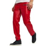 Men’s Red Leather Pants with Zip Pockets