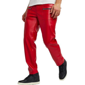 Men?s Red Leather Pants with Zip Pockets