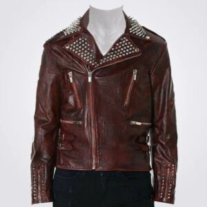 Men's Red Metallic Spiked Leather Jacket - Punk Jacket
