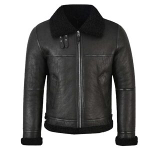 Mens Shearling Aviator Bomber Black Leather Jacket