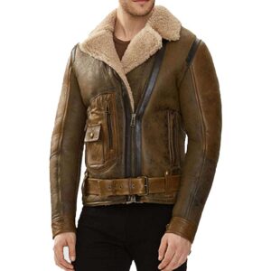 Mens Shearling Aviator Dark Brown Bomber Pilot Leather Jacket