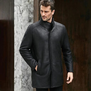 Men's Stand Collar Black Shearling Long Coat