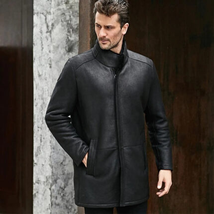 Men's Stand Collar Black Shearling Long Coat