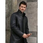 Men's Stand Collar Black Shearling Long Coat - Image 2