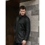 Men's Stand Collar Black Shearling Long Coat - Image 3