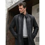 Men's Stand Collar Black Shearling Long Coat - Image 4