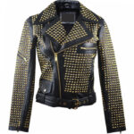 Men's Vintage Club Style Black Golden Studded Brando Biker Belted Leather Jacket