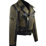 Men's Vintage Club Style Black Golden Studded Brando Biker Belted Leather Jacket - Image 3