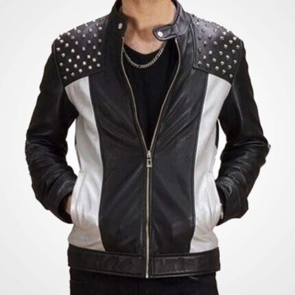 Men's Vintage Cowhide Leather Biker Jacket with Silver Studs