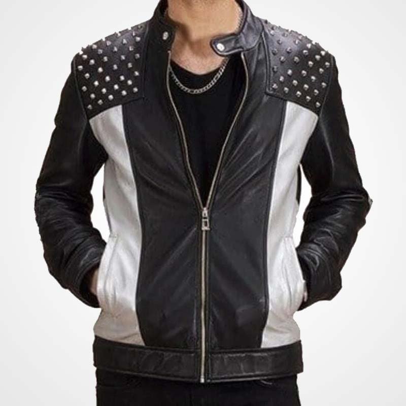 MensVintageCowhideLeatherBikerJacketwithSilverStuds Men's Vintage Cowhide Leather Biker Jacket with Silver Studs - Image 1