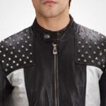 Men's Vintage Cowhide Leather Biker Jacket with Silver Studs - Image 4