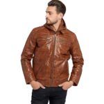 Men's Waxed Brown Hooded Leather Jacket - Image 2