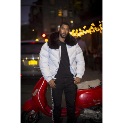 Men White V Bomber Jacket with Black Fur Collar