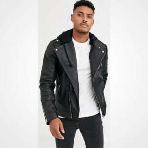Men's Black Lambskin Leather Jacket with Hood