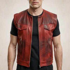 Men's Vintage Red Leather Biker Style Vest