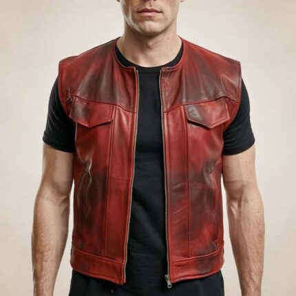 Men's Vintage Red Leather Biker Style Vest