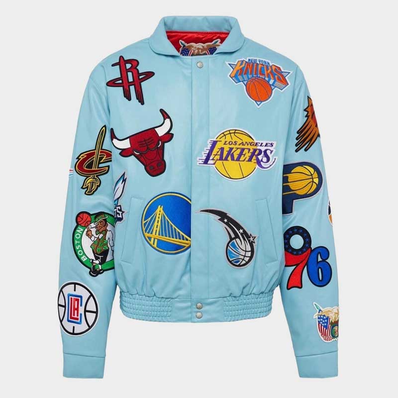 NBATeamLogoPatchVarsityLeatherJacketLakersBullsKnicksWarriorsStreetwearBomberfrontviewwithembroideredpatches NBA Team Logo Patch Varsity Leather Jacket Lakers Bulls Knicks Warriors Streetwear Bomber Jacket - Image 1