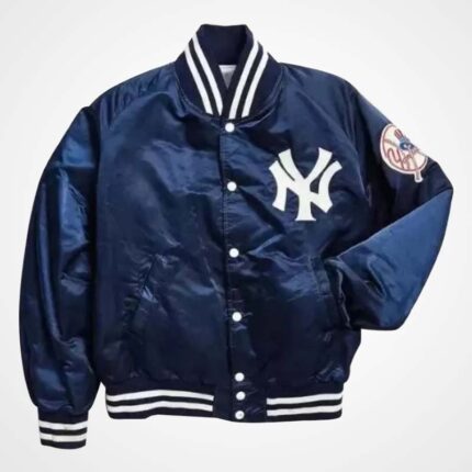 NY Yankees 90s Blue and White Satin Varsity Jacket